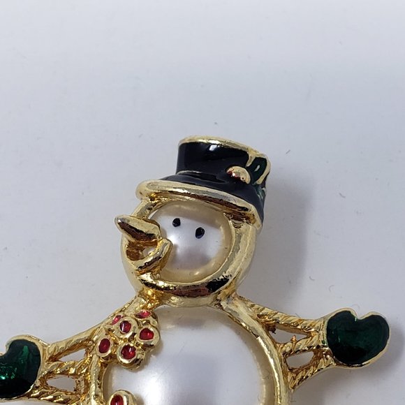 Gold Tone Enamel Snowman Ice Skating Brooch Pin - Picture 2 of 6